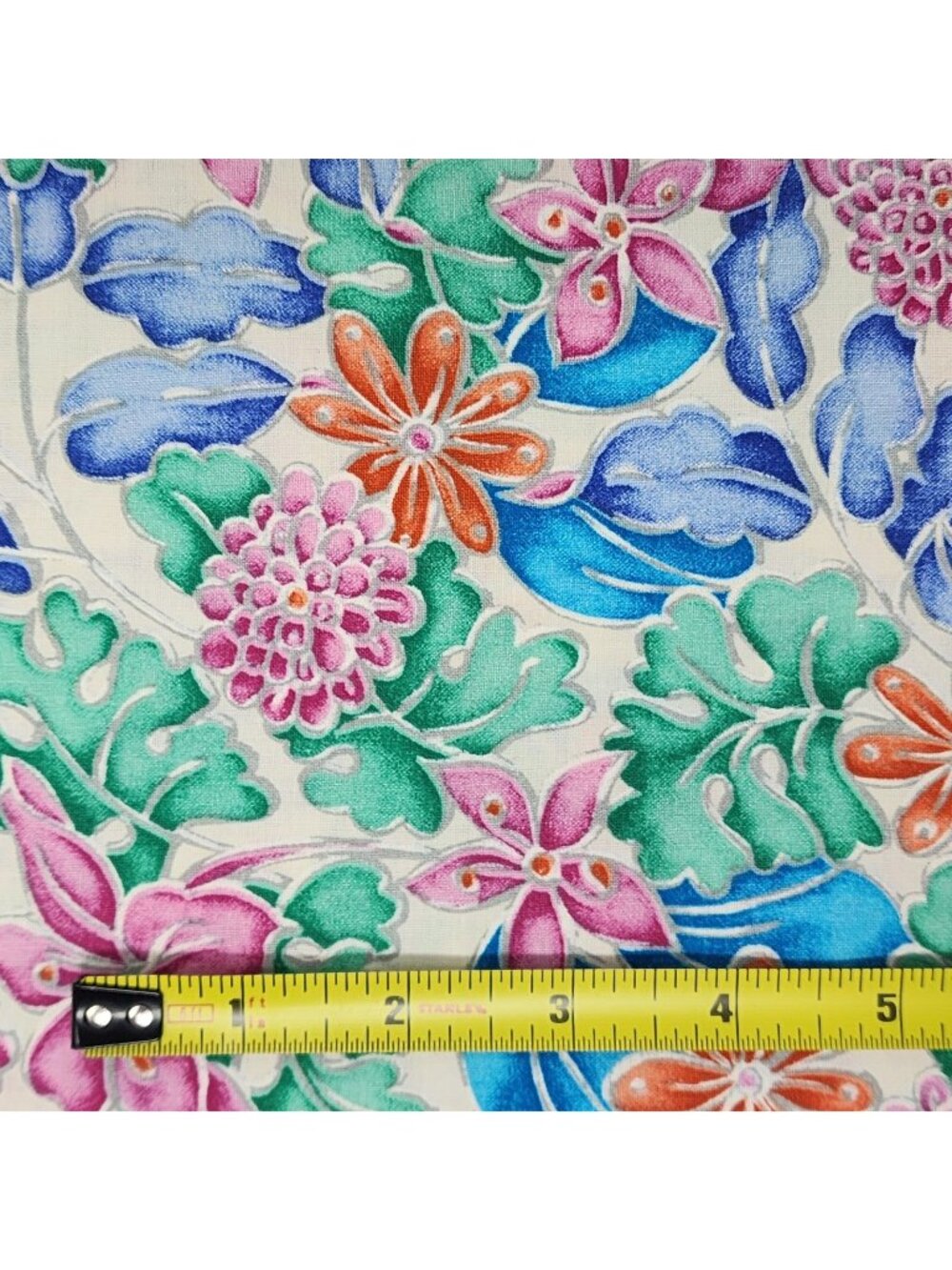Quilting Fabric Cotton Floral Multicolor Bright Pink Blue VTG Remnant 14x44